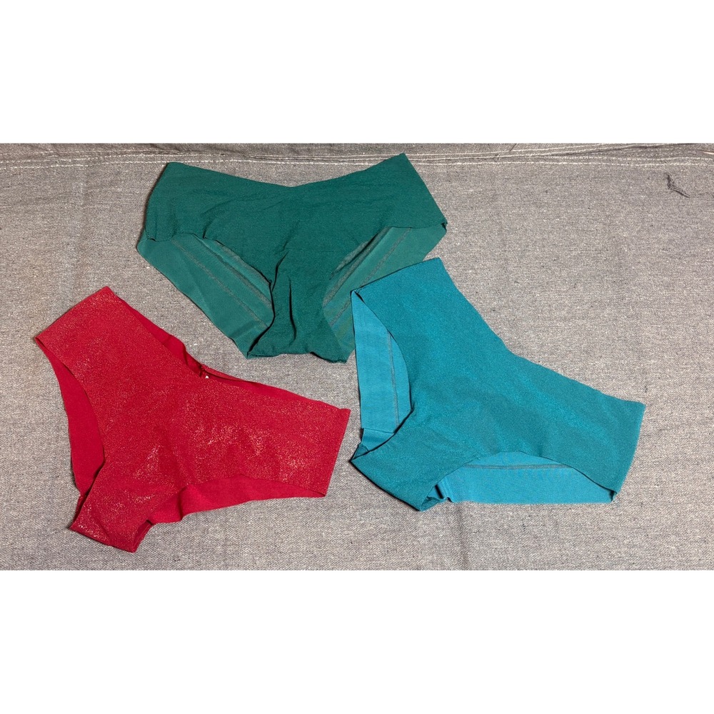 Victorias Secret Hiphugger Panty Lot 3 Pack Red Shimmer Teal Mesh Stripe Small